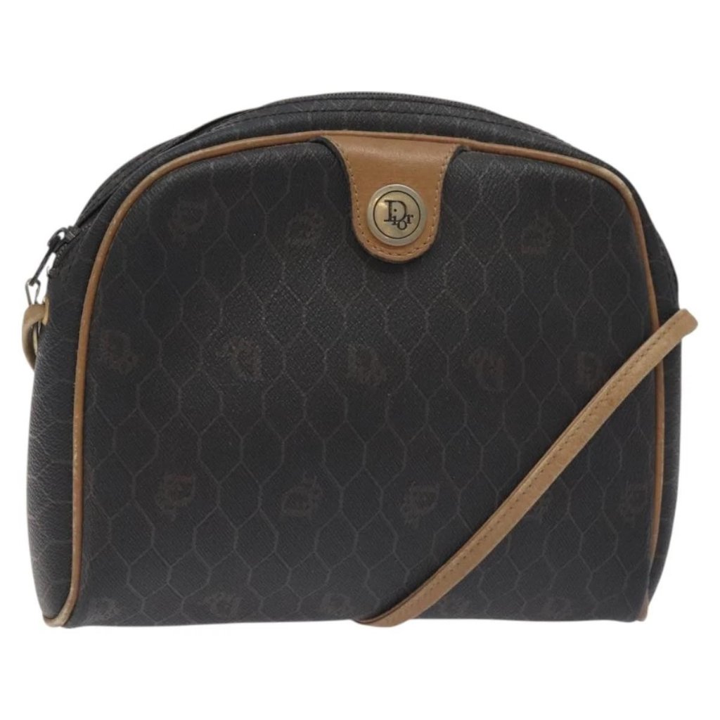 Christian Dior Honeycomb Canvas Shoulder Bag Pvc Leather Black Gold Auth Ba3305